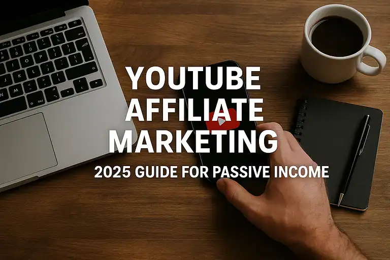 YouTube Affiliate Marketing 2025 Guide. Laptop, phone with YouTube logo, coffee, notebook, and pen. Passive income concept.